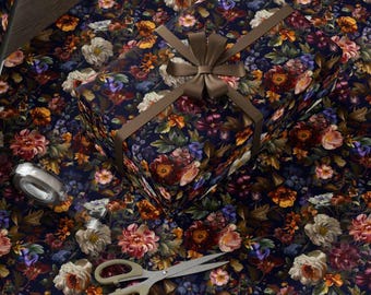 Navy Floral Wrapping Paper, Elegant Blooms, Botanical Gift Wrap