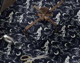 Celestial Wolves Wrapping Paper, Moon Stars Gift Wrap, Fantasy Decor