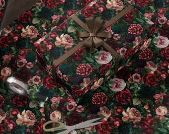 Dark Floral Wrapping Paper, Elegant Botanical Gift Wrap