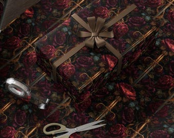 Rose and Sword Gift Wrap, Romantic Floral Wrapping Paper