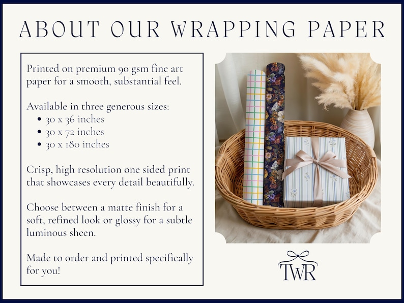 Premium Wrapping Paper Roll Set, Gift Wrap Sheets, Custom Sizes, High Resolution Prints, Matte or Glossy Finish, Birthday Wedding Holiday