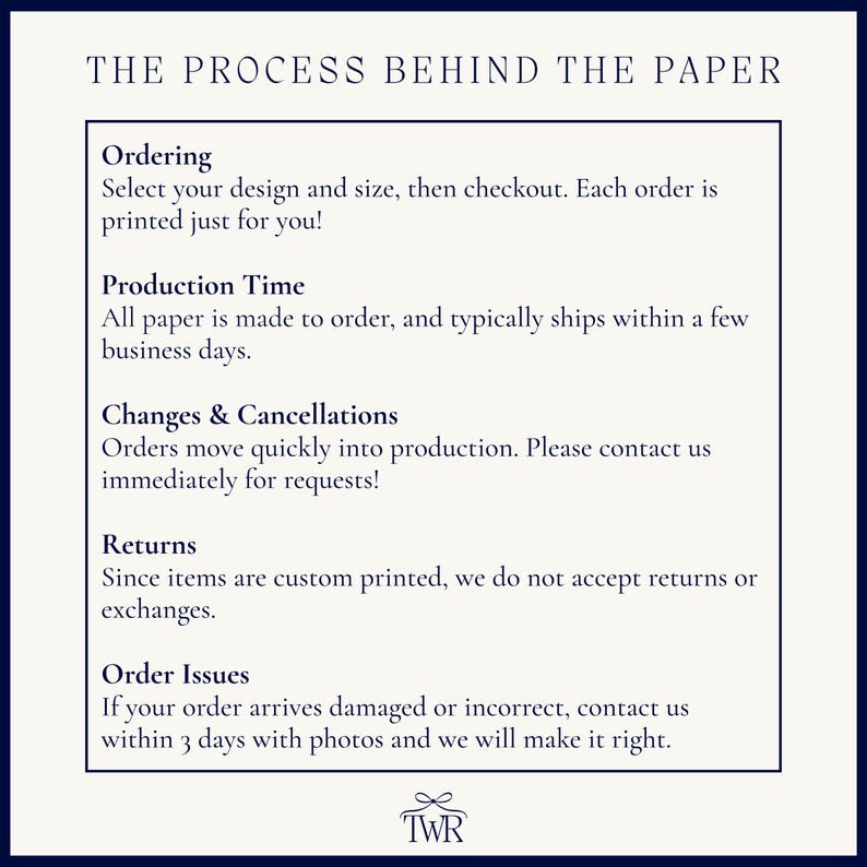 Custom Printed Paper Order Process, Production Time, Changes and Cancellations, Returns, Order Issues Guide
