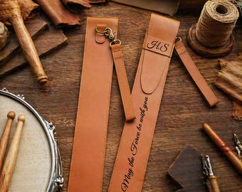 Custom Leather Drumstick Sleeve, Personalized Drum Stick Case with Wrist Strap, Engraved Drummer Gift, Handmade Music Accessory