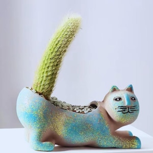 May include: A ceramic cat-shaped planter in blue, brown, and yellow, holding a green cactus. The planter has a detailed cat face and body, with a tail that curves upwards. The planter is filled with small grey stones, perfect for a small plant.