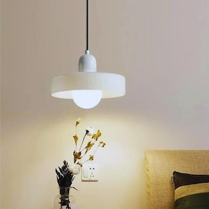 May include: A white, modern pendant light fixture with a circular shade and a spherical bulb. The light hangs from a black cord. The image also shows a vase of flowers and a neutral-toned wall.