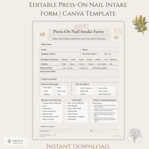 May include: A beige press-on nail intake form template with the text "Editable Press-On Nail Intake Form | Canva Template". The form includes sections for client details, nail shape preferences, and design descriptions. The words "Instant Download" are at the bottom.