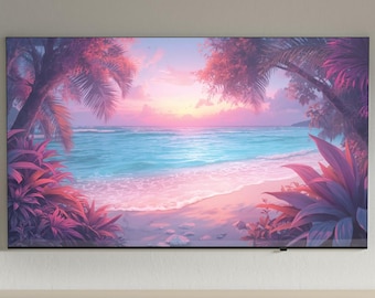Pink Tropical Sunset Beach Art for Samsung Frame TV | Ocean Landscape (Digital Download)