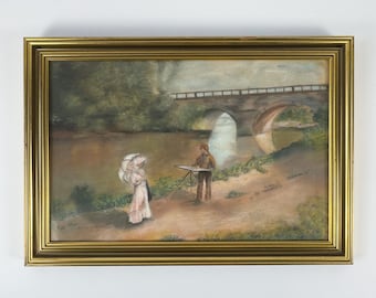 Pastel original francés vintage "Poissy - Le Pont Ancien" firmado Suzanne Breton, enmarcado dorado