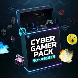 May include: A black box with the text "CYBER GAMER PACK 50+ ASSETS" and a neon blue and purple outline. The box is open, revealing a headset, mouse, and other gaming accessories. Various gaming icons surround the box, including a controller, gun, and alien.