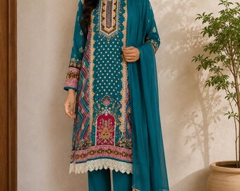 Elegant blauwgroen kostuumset met print en chiffon dupatta
