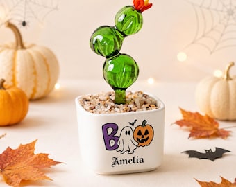 Personalisierte Halloween-Glasblume, individueller „Boo“-Geist-Pflanztopf mit Namen, süße gruselige Schreibtischdeko, Halloween-Geschenk für sie, einzigartiges Herbstgeschenk