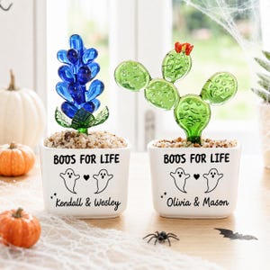 Personalized Glass Flower Cactus Decor, Boos for Life Halloween Gift, Custom Name Plant Pot, Cute Spooky Desk Decor, Friendship Gift