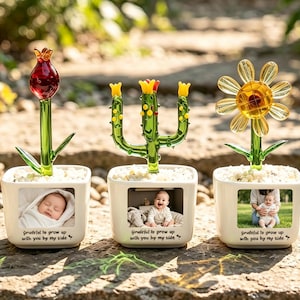 May include: Three white square ceramic planters, each featuring a glass plant sculpture on top and a photo of a baby on the front. The text "grateful to grow up with you by my side" is printed below each photo. The plants are a red tulip, a green cactus, and a yellow daisy.
