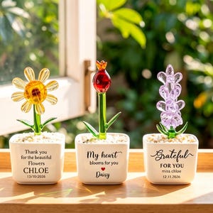 Pode incluir: Três flores de vidro em vasos quadrados brancos com pedras pequenas. A primeira tem uma flor amarela com o texto Thank you for the beautiful Flowers CHLOE 13/10/2026. A segunda uma flor vermelha com My heart blooms for you Daisy. A terceira uma flor roxa com Grateful FOR YOU miss chloe 12.11.2026.