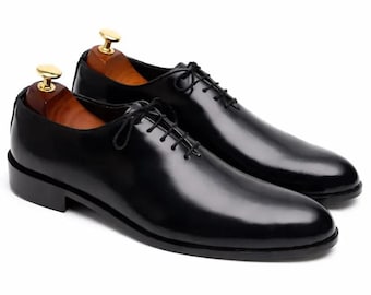 Handmade Black Leather Whole Cut Oxford Shoes- Men's Lace-up Formal Dress Shoes
