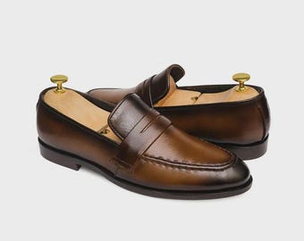 Handmade Brown Leather Penny Loafers, Classic Men's Dress Shoes