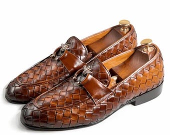 Handmade leather loafers, woven brown slip on, bee bit detail, dress shoes