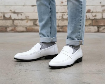 Mocassins penny en cuir blanc faits main pour hommes, chaussures habillées blanches