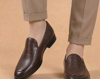 Handmade Brown Slip-On Genuine Leather Office Dress Loafers Shoes For Men
