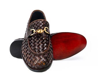 Handgemaakte geweven bruinleren loafers voor heren – luxe instappers – Gold Horsebit