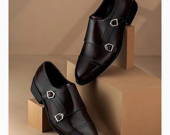 Handmade Brown Leather Double Monk Strap Oxford Cap Toe Dress Shoe, Bespoke Men's Monk