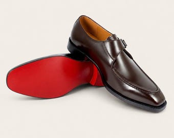 Christian Louboutin Men's Genuine Brown Leather Business monk strap red sole Party Shoes