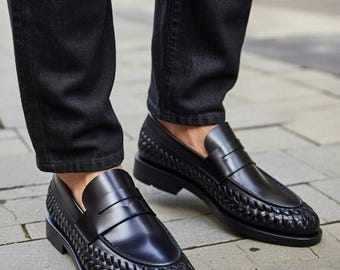 Men's Black Woven Leather Loafers – Handmade Slip-On Dress Shoes