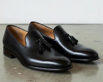 Men's Belgian Tassel Loafers Handmade Black Leather Formal Wedding Dress Slip On Shoes