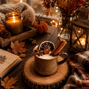 May include: A brown ceramic mug filled with a creamy beverage, garnished with a dried orange slice, star anise, and two cinnamon sticks. The mug rests on a circular wooden coaster, surrounded by autumn leaves, a candle, and a lantern.