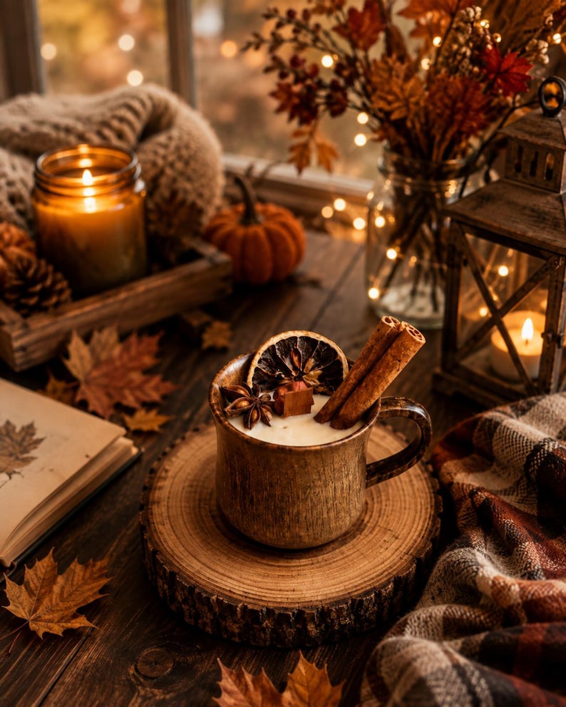 May include: A brown ceramic mug filled with a creamy beverage, garnished with a dried orange slice, star anise, and two cinnamon sticks. The mug rests on a circular wooden coaster, surrounded by autumn leaves, a candle, and a lantern.