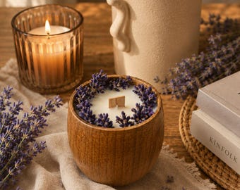 Organic Lavender Soy Candle | Wooden Wick Candle | Real Lavender Buds | Relaxation Gift | Spa Candle
