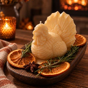 May include: A cream-colored turkey-shaped candle sits in a dark wooden oval bowl. The candle is surrounded by dried orange slices, sprigs of green rosemary, and a single star anise. The turkey figure features detailed molded feathers.