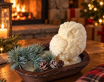 White Owl Candle in Wooden Bowl | Decorative Christmas Soy Candle | Woodland Winter Decor