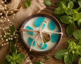 Mint Herbal Candle in Wooden Bowl | Handmade Spa Gift Candle | Fresh Botanical Soy Candle