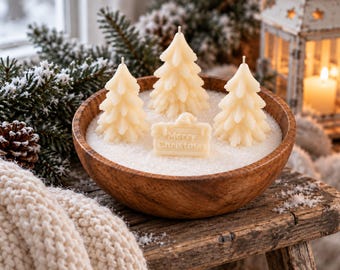 Christmas Tree Candle in Wooden Bowl | 3 Wick Christmas Candle | Snowy Winter Centerpiece | Rustic Holiday Decor