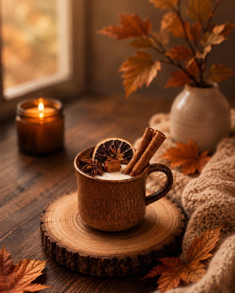May include: A brown ceramic mug candle featuring a wooden wick, topped with a dried orange slice, star anise, and two cinnamon sticks. The candle sits on a circular wood slice coaster, surrounded by scattered autumn leaves and a knit fabric.