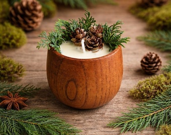 Wooden Bowl Candle with Pine Branch and Pinecones | Rustic Forest Candle | Natural Soy Candle | Cozy Cabin Home Decor