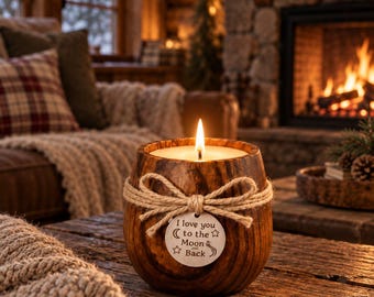 Love You to the Moon and Back Candle – Wooden Bowl Soy Wax, Romantic Gift for Her, Minimalist Anniversary Gift