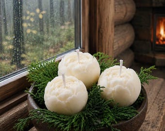 White Peony Candle in Wooden Bowl | Decorative Soy Wax Floral Candle | Rustic Home Decor