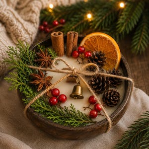 木製ボウル入りクリスマスウッドウィックキャンドル｜素朴なホリデーキャンドル｜手作りソイキャンドル｜クリスマスデコレーション｜彼女への素敵な贈り物