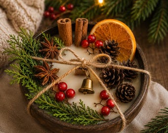 Christmas Wood Wick Candle in Wooden Bowl | Rustic Holiday Candle | Handmade Soy Candle | Christmas Decor | Cozy Gift for Her