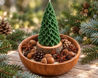 Christmas Tree Candle, Wooden Bowl Soy Candle, Rustic Christmas Decor, Woodland Candle, Holiday Table Centerpiece, Christmas Gift