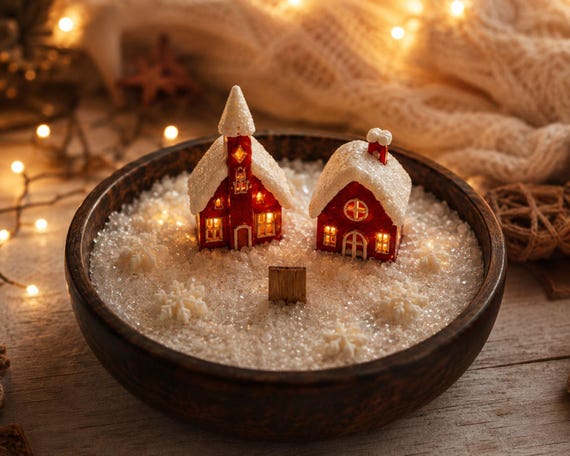 Christmas Village Candle in Wooden Bowl, Handmade Soy Candle, Cozy Winter Decor, Rustic Holiday Centerpiece, Christmas Gift