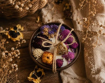 Rustic Floral Wood Wick Candle in Wooden Bowl | Handmade Soy Candle | Boho Home Decor | Cottagecore Gift | Natural Dried Flower Candle