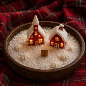 以下が含まれることがあります： 雪のような白い粒状の素材が入った丸い木製のボウル。中には、窓が光る2つの赤いミニチュアの建物があり、屋根は白く輝いています。ボウルの中には、小さな白い雪の結晶の形をした装飾もいくつか配置されています。