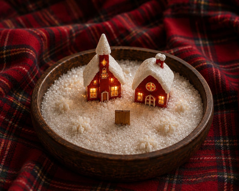 以下が含まれることがあります： 雪のような白い粒状の素材が入った丸い木製のボウル。中には、窓が光る2つの赤いミニチュアの建物があり、屋根は白く輝いています。ボウルの中には、小さな白い雪の結晶の形をした装飾もいくつか配置されています。