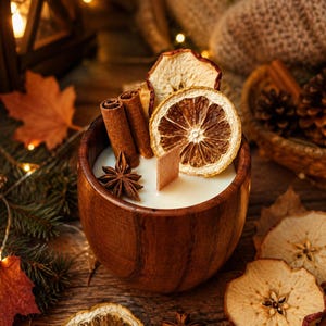 May include: A white wax candle in a dark brown wooden bowl, topped with two cinnamon sticks, a star anise, and dried orange and apple slices. A rectangular wooden wick stands in the center of the smooth, off-white wax surface.