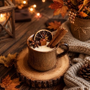 May include: A brown ceramic mug filled with a creamy white beverage, topped with a dried orange slice, two cinnamon sticks, and a star anise. The mug rests on a circular wooden slice, surrounded by scattered autumn leaves and a knitted fabric.