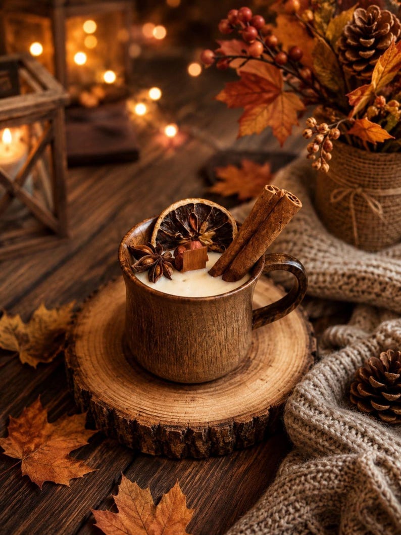 May include: A brown ceramic mug filled with a creamy white beverage, topped with a dried orange slice, two cinnamon sticks, and a star anise. The mug rests on a circular wooden slice, surrounded by scattered autumn leaves and a knitted fabric.