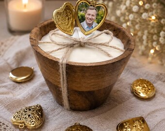 Rustic Photo Locket Candle – Personalized Gift, Wooden Bowl, Soy Wax